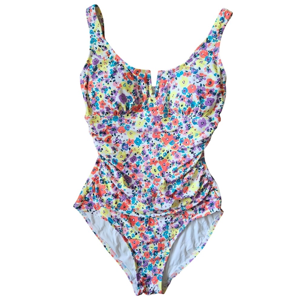 Anne Cole One Piece Swimsuit XS White Floral‎ Ruched Tummy Control Feminine